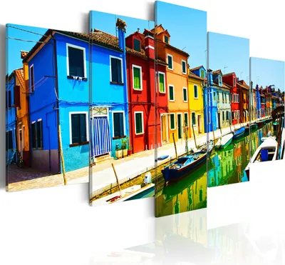 Produktbild von Leinwandbilder Architektur 200x100 cm Vlies Leinwandbild 5 tlg Kunstdruck modern Wandbilder XXL Wanddekoration Design Wand Bild - Fluss Boote bunte Stadt 030202-9