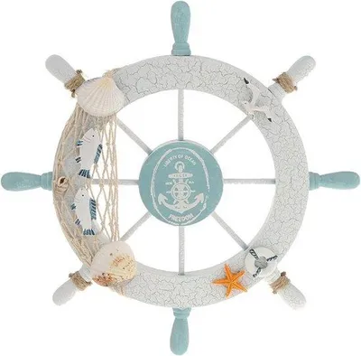 Productafbeelding van Houten Scheepsstuur Decoratie voor Thuis - Nautische Wanddecoratie met Vissersnet en Schelpen