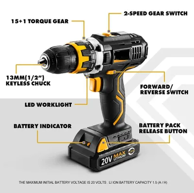 Immagine prodotto di Trapano avvitatore a batteria - Motore brushless - 20V Max - Coppia di 42Nm - Include batteria e caricabatterie - Colore: nero e giallo
