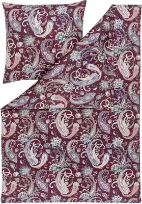 A flat lay of a burgundy paisley patterned duvet cover and pillowcase.