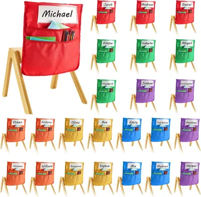 Immagine prodotto di Borsa per sedia - Borsa per schienale - Set da 24 pezzi - Dimensioni 36 x 38 cm - Con etichetta per il nome - Per aule scolastiche e asili - Per bambini - Multicolore (6 colori)