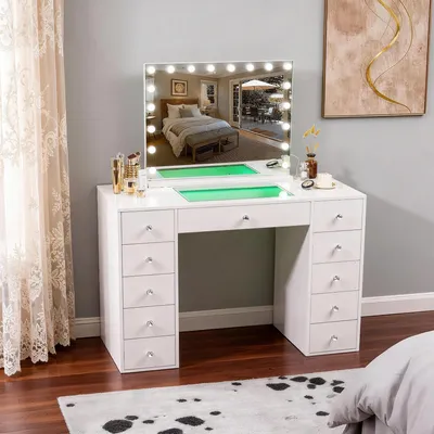 Image de VANITII Coiffeuse avec Miroir de Maquillage LED et Éclairage, Blanc