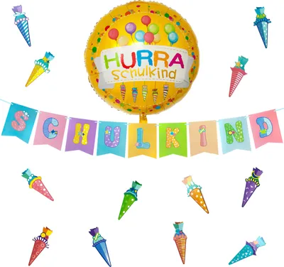 Produktbild von Oblique Unique Schuleinführung Schulanfang Einschulung Deko Set - Schulkind Girlande + Luftballon + Zuckertüten Konfetti