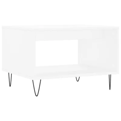 A white coffee table with black hairpin legs is shown against a white background.