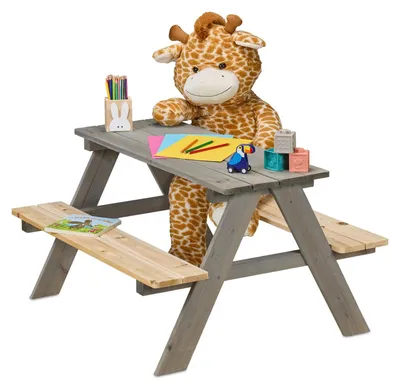 Produktbild von Kindersitzgruppe Kinderpicknicktisch Gartenspieltisch - 4 Kinder - Naturgrau - Massivholz - 90 x 51 x 78 cm - Für Garten und Terrasse