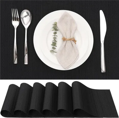 Produktbild von Tischsets Abwaschbar 6er Set, Gewebte Platzdeckchen Abwaschbar rutschfest Abgrifffeste Hitzebeständig, Vinyl Platzsets für küche Speisetisch Hotel, Platz-Matten 30x45cm (Schwarz)
