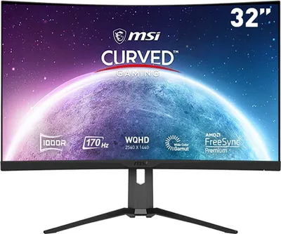 A curved MSI gaming monitor with a space-themed background.