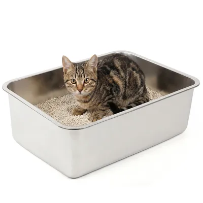 Produktbild von Katzentoilette Groß Katzenklo Edelstahl 44.5x34.5x14.5cm, mit Hohem Rand, Leicht zu Reinigen Antihaft