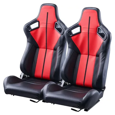 Produktbild von VEVOR Rennsitz, 2er Set, verstellbares Renncockpit mit weitwinkliger Neigung und hochresilientem Schaumstoff, bequemer Rennsessel mit weichem PVC-Leder und Q235B-Schlitten, geeignet für Rennwagen und Go-Karts, 2 Stück Leder Rot Schwarz