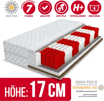 A cutaway view of a mattress showing its internal structure, with various certifications and product details displayed.