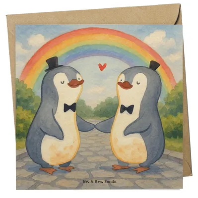 Produktbild von Mr. & Mrs. Panda Grußkarte Pinguine Gay Pride Design - Weiß - Geschenk, doppelkarte, Hochzeitskarte, anlasskarte, faltkarte, Glückwunschkarte, Klappkarte