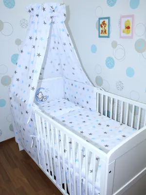 Produktbild von Primawela Baby Bettwäsche Set mit Applikation- 6 teiliges Set mit Vollstoff Himmel Bettset Nestchen-20.Bärchen Mond-Star Blau