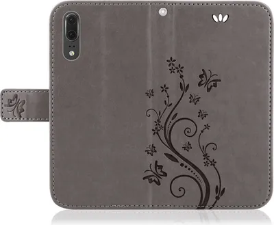 Produktbild von Handytasche für Huawei P20 Blumen Flip Cover Buchhülle mit Magnetverschluss, Grau