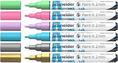 Produktbild von Schneider Schreibgeräte Paint-It, 6 Stück(e), Gold, Hellblau, Hellgrün, Hellrosa, Violett, Silber, Rundspitze, Gold, Grün, Hellblau, Violett, Silber, Weiß, Rund, 2 mm