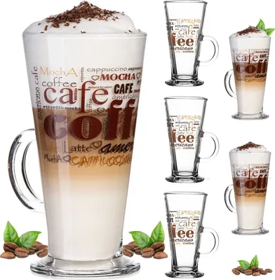 Produktbild von PLATINUX Kaffeegläser mit Motiv max. 280ml Set 6-Teilig aus Glas Latte Macchiato Gläser mit Griff Cappuccino Gläser