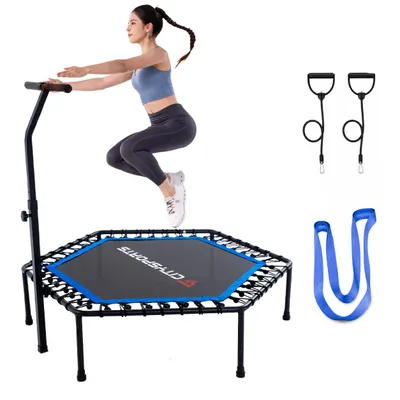 Produktbild von CITYSPORTS Fitnesstrampolin Mini-Trampolin mit Haltegriff 3-fach höhenverstellbar Ø130cm, 6-Eck, 42 Elastikbänder, bis 100 kg,Nicht klappbar