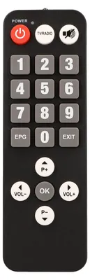 A black remote control with various buttons, including a power button, number pad, and navigation controls.