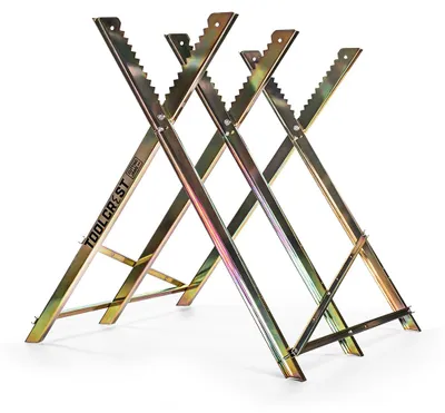 Produktbild von TOOLCREST Klappbarer Sägebock | Verzinkter Stahl | Höhenverstellbar in 3 Stufen | 150 kg Tragkraft | Mit Haltezähnen für Baumstämme