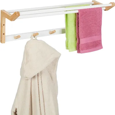 Image de Porte-serviettes mural Relaxdays, dimensions : 22 x 60 x 20 cm, porte-serviettes de douche avec crochets et barres, bambou, naturel/blanc