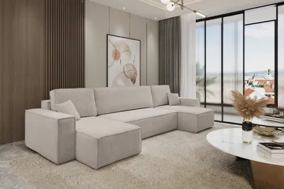 Produktbild von VENASI Wohnlandschaft mit Schlaffunktion Hugo U, Beige Cordstoff
