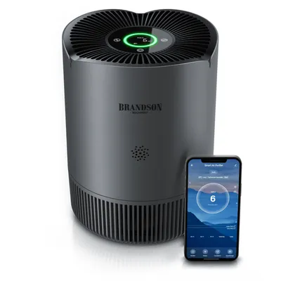 Immagine prodotto di Purificatore d'aria Brandson con filtro HEPA-13 e carbone attivo, CADR di 158 m³ all'ora, adatto per ambienti fino a 45 m², con app Wi-Fi, display PM2,5, modalità notturna. Purificatore d'aria, 1 pezzo, colore grigio