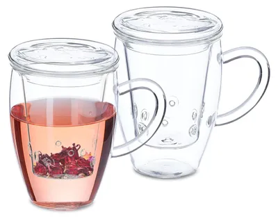 Immagine prodotto di TRANKIELO® - Set di 2 tazze da tè con filtro e coperchio - Vetro di borosilicato resistente al calore, 450 ml, trasparente