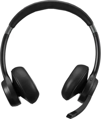 A black Bluetooth headset with a microphone is shown against a white background.