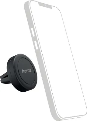 A black magnetic car phone mount is shown next to a white outline of a smartphone.