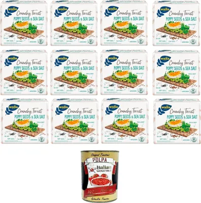 Produktbild von Wasa Crunchy Twist Poppy Seeds & Sea Salt, Ballaststoffreiche Vollkorncracker mit Roggenmehl, Leinsamen, Mohn und Meersalz 12x 245g+ e Italian Gourmet Polpa di Pomodoro 400g Dose