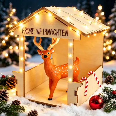 Wichtel-Set: Rentierstall aus Holz mit Licht & Deko