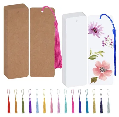 Produktbild von Blanko Lesezeichen, 60 Stück Papier Lesezeichens Basteln mit Loch, Lesezeichen Rohlinge Set für DIY Handwerk Geschenkanhänger (Weiß, 14x5cm) Braun/Weiß