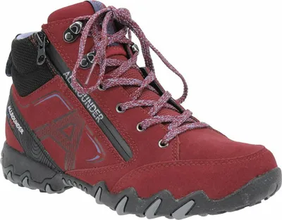 A single red hiking boot is shown against a white background.