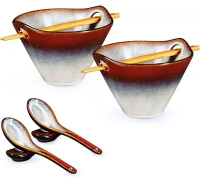 Immagine prodotto di Set di ciotole per ramen in Vetroceramica, capacità 600 ml, 2 pezzi, colore rosso sfumato, con bacchette e cucchiai