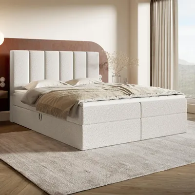 Produktbild von MOTIVENA Santiago Boxspringbett 180x200 Weiß Boucle (Catch Me 01), Taschenfederkern-Matratze (H3), T28 Komfortschaumstoff Topper (H3)