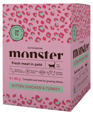 Zdjęcie produktu dla Monster Cat Pouches Kitten Chicken Turkey 8x85g Pełnoporcjowa Mokra Karma w Saszetce Dla Kociąt z Kurczakiem i Indykiem