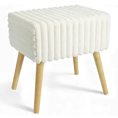 Produktbild von Theo&Cleo Schminkhocker Sitzhocker Polsterhocker Fußhocker mit Holzbeinen Kunstfell für Wohnzimmer Schlafzimmer Flur Creme