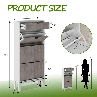 Produktbild von Schuhschrank - Schmales Schuhregal mit 3 Klappfächern - Zusatzschublade - Platzsparender Flurschrank für Eingang & Flur - Holz - Weiß-Grau