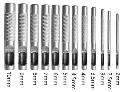 Obrázok produktu pre Sada nástrojov na dierovanie, 12 kusov. Punče na dierovanie kože, priemer 2 mm - 10 mm, strieborná farba