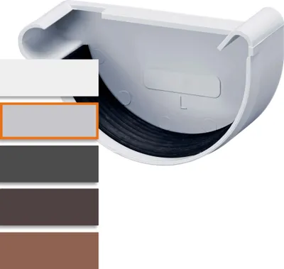A white gutter end cap with a black rubber seal is shown on a white background. To the left are color swatches.