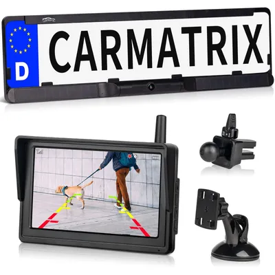 Produktbild von CARMATRIX HD Solar Funk Rückfahrkamera mit 5" Monitor Nummernschildkamera mit Solarpanel für vorne oder hinten
