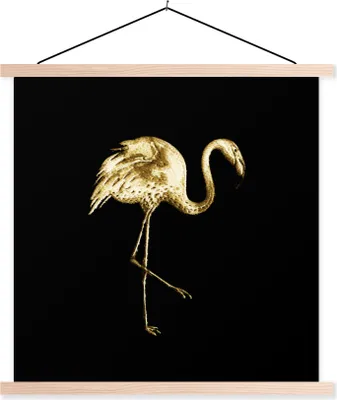 Produktbild von MuchoWow® Textilposter Flamingo - Vogel - Gold - Schwarz 120x120 cm mit holzfarbenen Rahmen - Textil-Poster