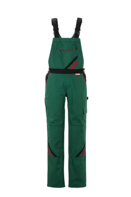 A pair of green overalls with black and red accents, presented on a white background.