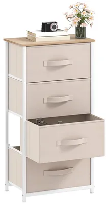 Image de Commode avec 4 tiroirs en tissu et plateau en bois - Blanc crème