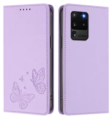 Obrázek produktu pro Kožené pouzdro pro Samsung Galaxy S20 Ultra 5G, motýlí ražbou, peněženkové flip pouzdro se stojánkem Světle fialová