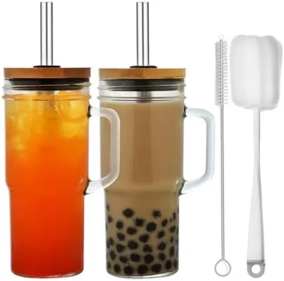 Produktbild von PromoHome® Glasbecher Set - 2 Stück mit Griff und Strohhalmen - 710ml