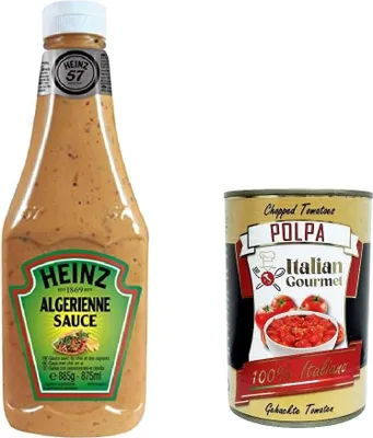 Produktbild von 6x Salsa Heinz Algerienne Sauce Flasche 875ml Algerische Sauce -Chips Gewürz + Italian Gourmet polpa 400g