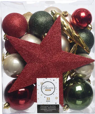 Produktbild von Weihnachtskugeln Kunststoff mit Stern 33er Set - rot / gold / grün