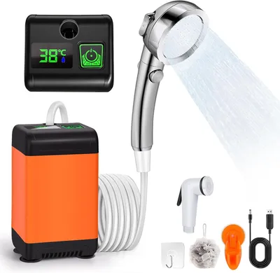Produktbild von Tragbare Campingdusche, Camping Dusche Outdoor, 6000mAh Akku, mit Pumpe und Temperaturanzeige, Mobile Duschen Außenduschen mit Duschkopf und Schlauch