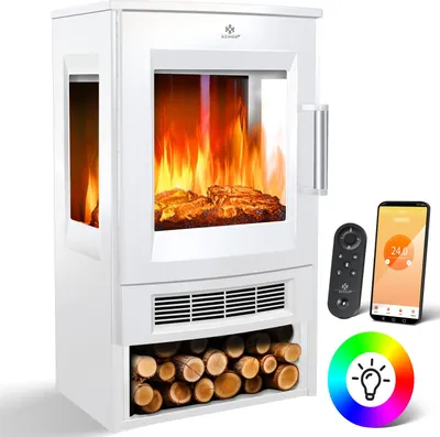 A white electric fireplace with a realistic flame effect, logs at the bottom, and a remote control and smartphone displaying temperature settings next to it. A color wheel graphic is also shown.