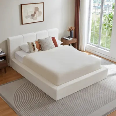 Obrázek produktu pro Postel LVHOM, rozměr 140x200 cm, čalouněná látkou chenille, s kovovým roštem a čelem, moderní dvoulůžko/mládežnická postel, komprimovaná, krémově bílá